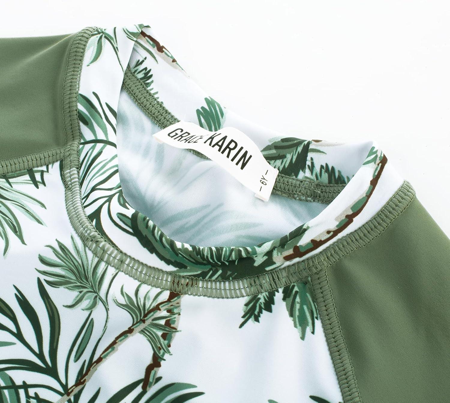 imageGRACE KARIN Girls Swimsuit Tankini Set Rash Guard Long Sleeve Swimsuit 4 Piece Bathing Suit Swimwear 514YGreen Coconut Tree