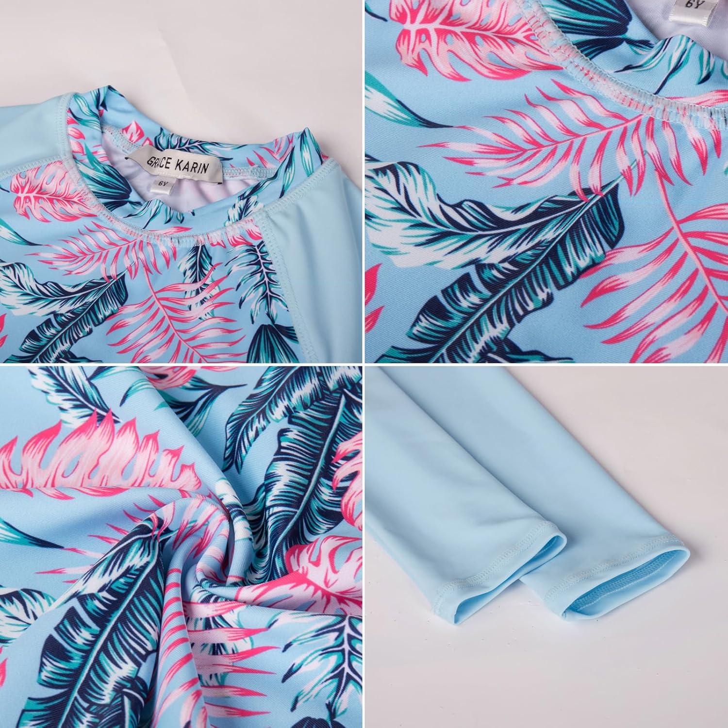 imageGRACE KARIN Girls Swimsuit Tankini Set Rash Guard Long Sleeve Swimsuit 4 Piece Bathing Suit Swimwear 514YLight Blue Leaves