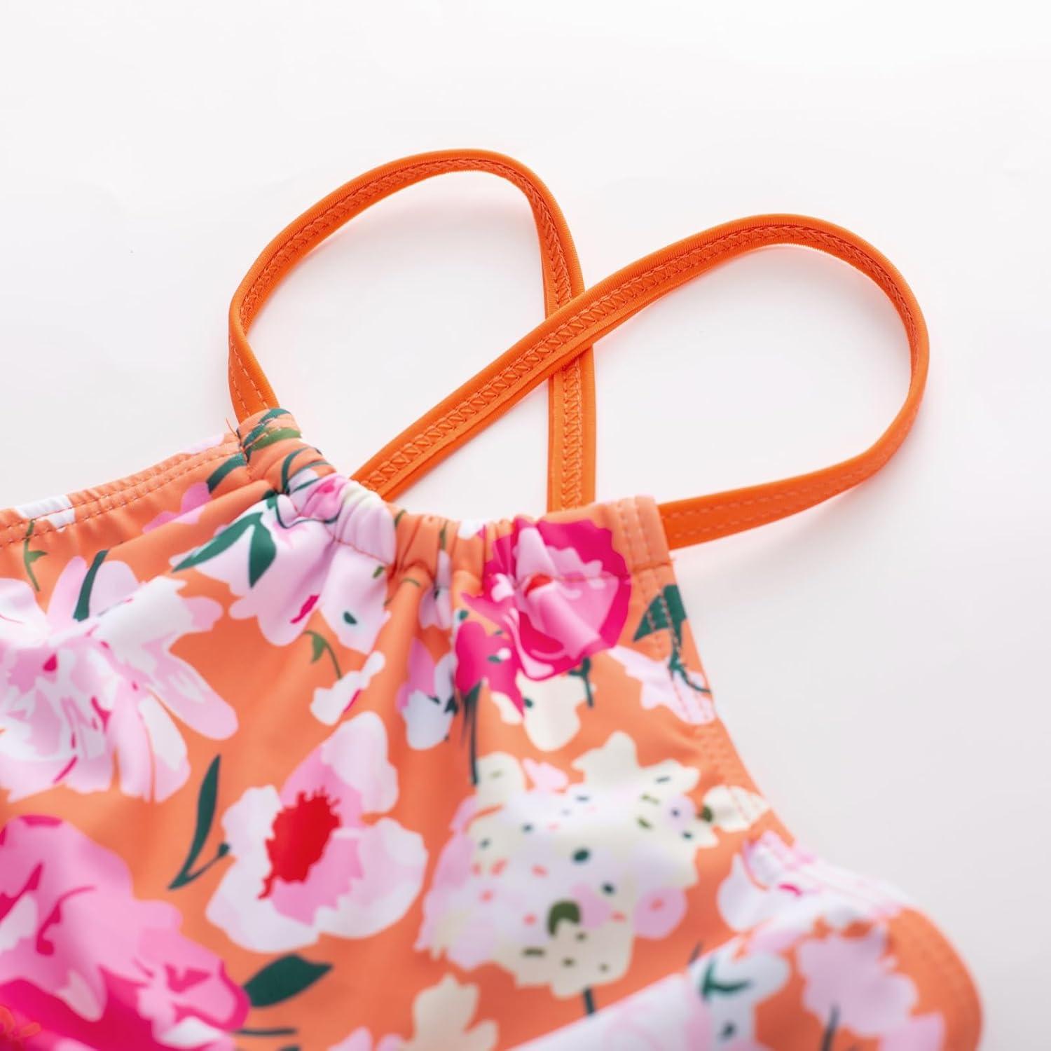 imageGRACE KARIN Girls Swimsuit Tankini Set Rash Guard Long Sleeve Swimsuit 4 Piece Bathing Suit Swimwear 514YOrange Floral