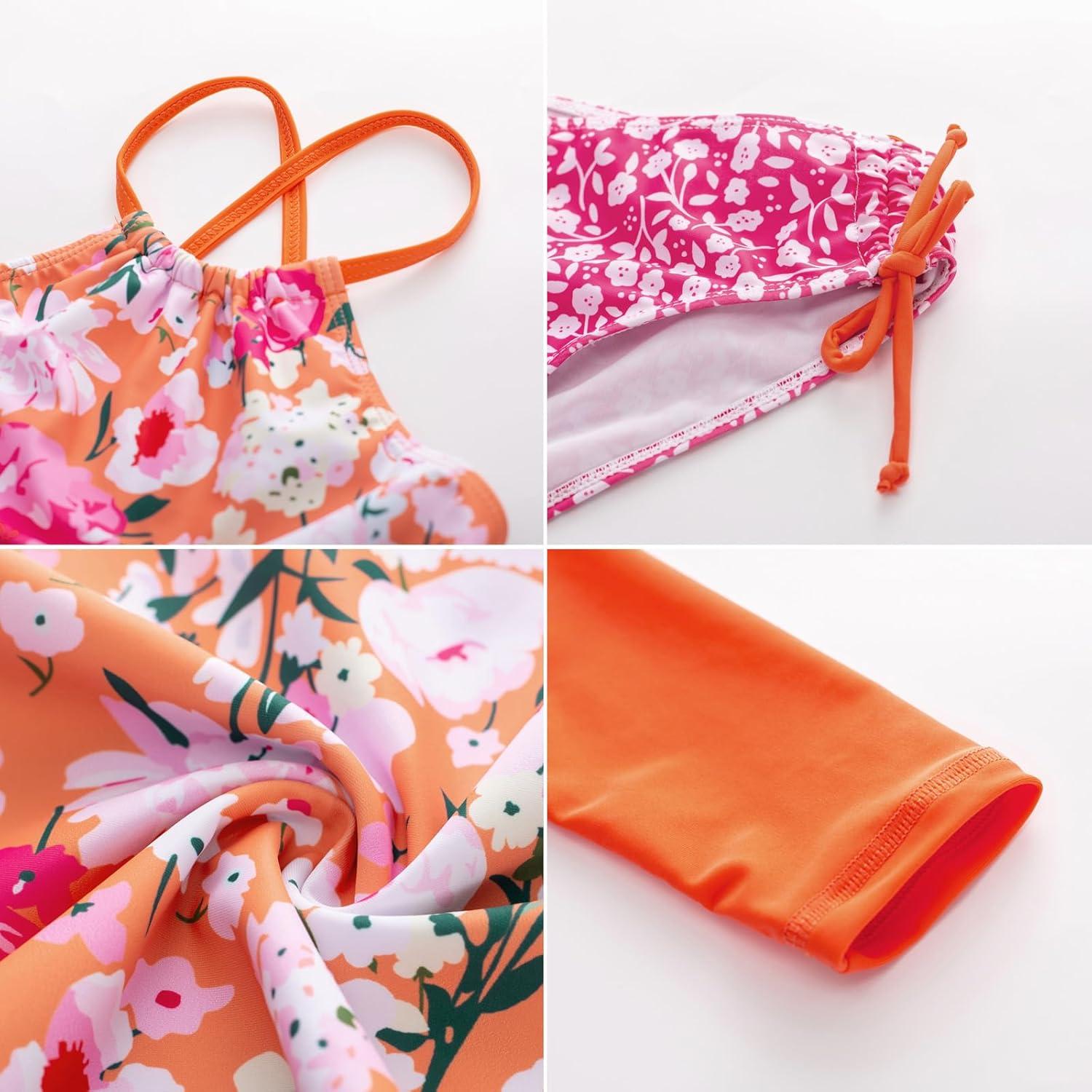 imageGRACE KARIN Girls Swimsuit Tankini Set Rash Guard Long Sleeve Swimsuit 4 Piece Bathing Suit Swimwear 514YOrange Floral