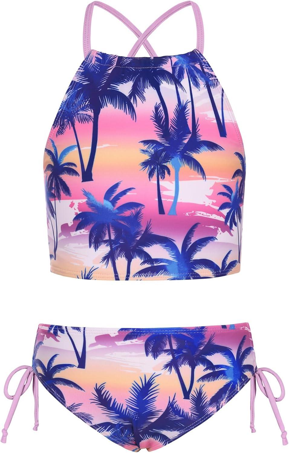 imageGRACE KARIN Girls Swimsuit Tankini Set Rash Guard Long Sleeve Swimsuit 4 Piece Bathing Suit Swimwear 514YPink Purple Coconut