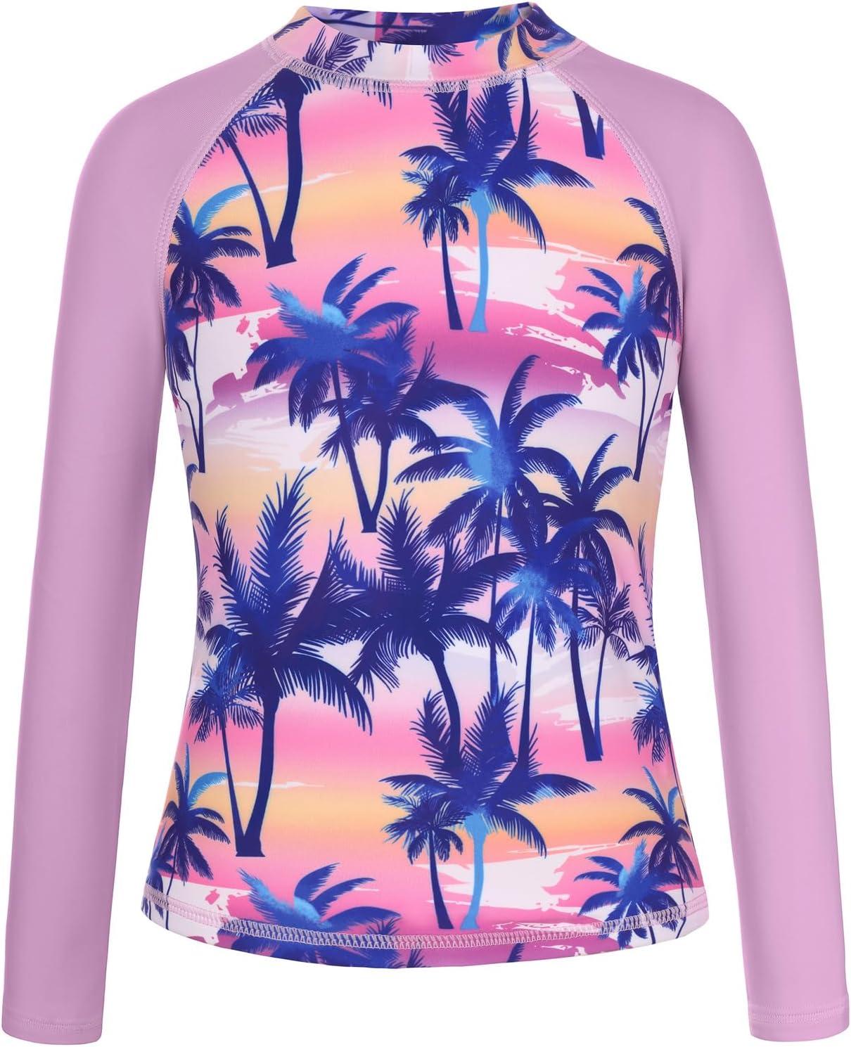 imageGRACE KARIN Girls Swimsuit Tankini Set Rash Guard Long Sleeve Swimsuit 4 Piece Bathing Suit Swimwear 514YPink Purple Coconut