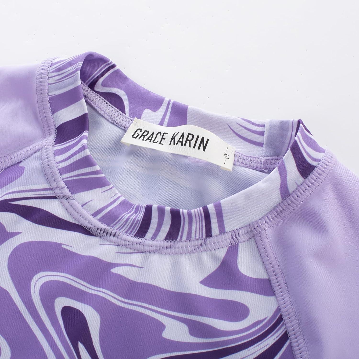 imageGRACE KARIN Girls Swimsuit Tankini Set Rash Guard Long Sleeve Swimsuit 4 Piece Bathing Suit Swimwear 514YPurple Print