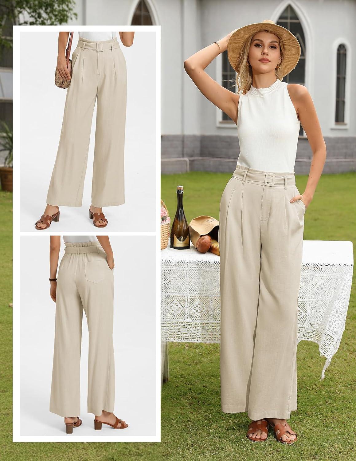 imageGRACE KARIN Linen Pants Women Wide Leg High Waisted Palazzo Trousers with Pockets Business Casual OutfitsApricot