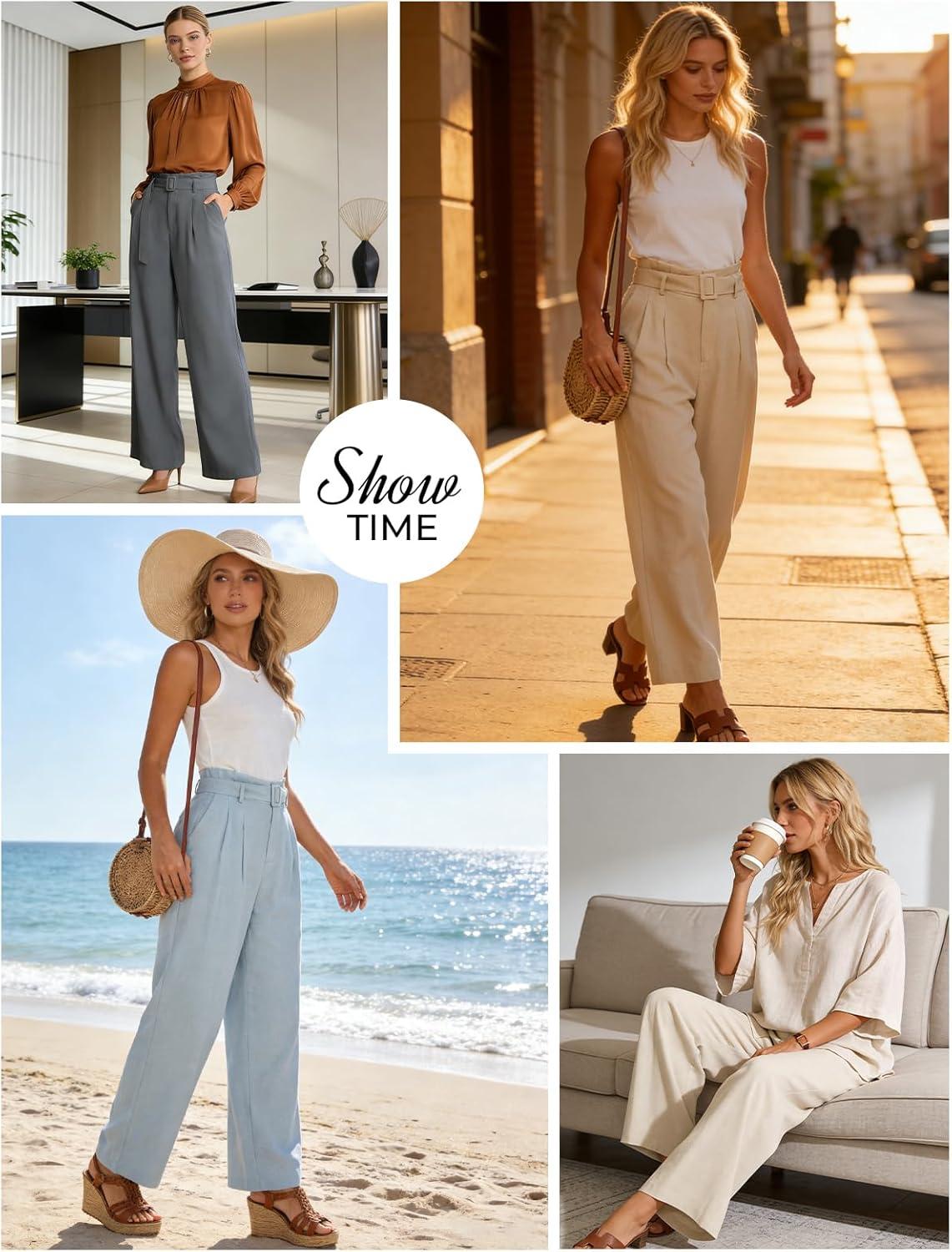imageGRACE KARIN Linen Pants Women Wide Leg High Waisted Palazzo Trousers with Pockets Business Casual OutfitsLight Grey Blue