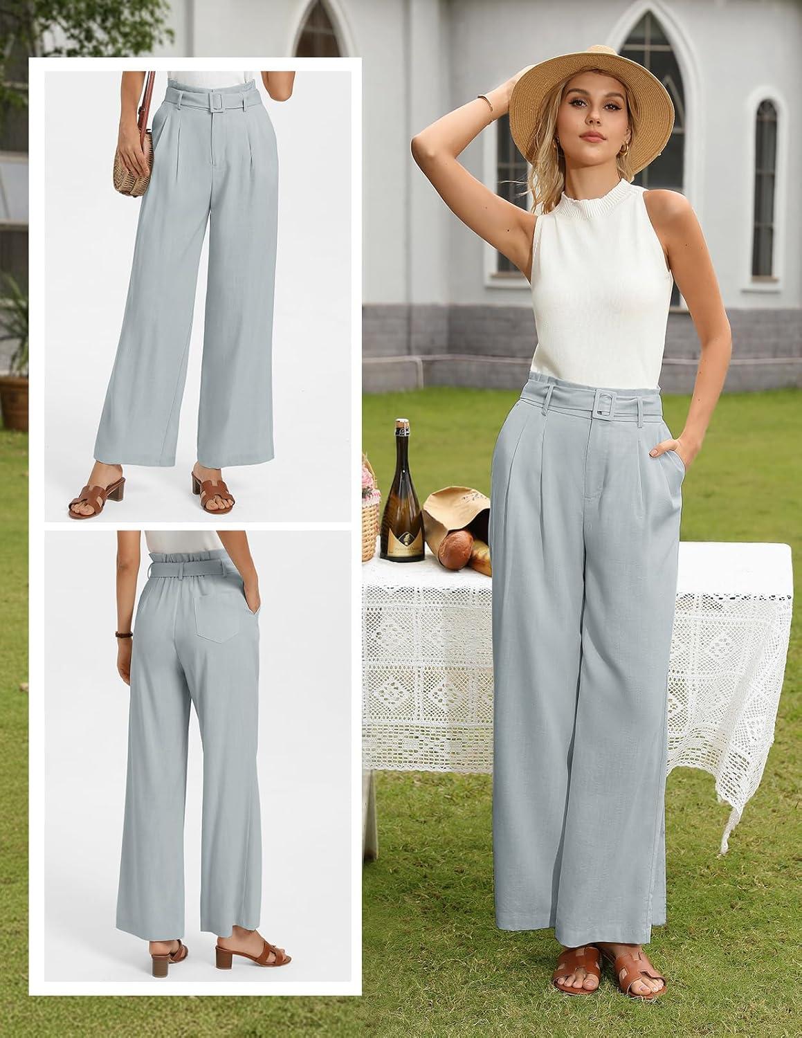 imageGRACE KARIN Linen Pants Women Wide Leg High Waisted Palazzo Trousers with Pockets Business Casual OutfitsLight Grey Blue