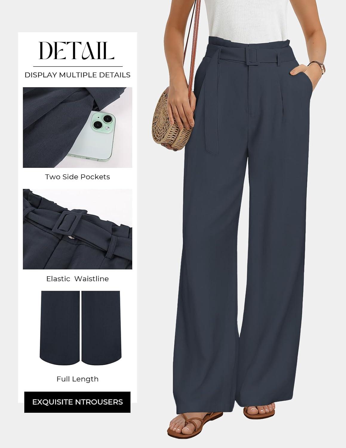 imageGRACE KARIN Linen Pants Women Wide Leg High Waisted Palazzo Trousers with Pockets Business Casual OutfitsNavy Blue