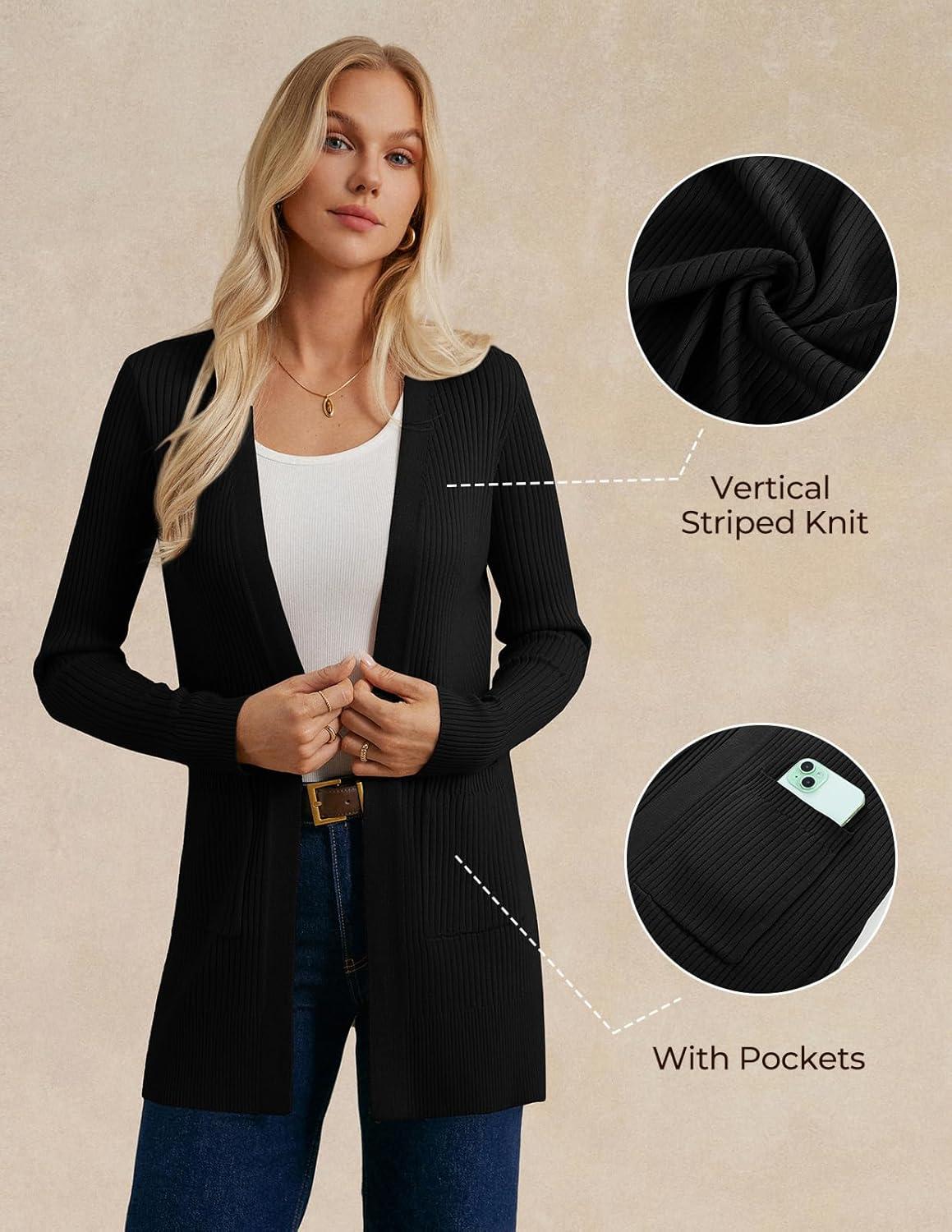 imageGRACE KARIN Long Sleeve Cardigan Sweaters for Women Lightweight Long Cardigans Open Front Dressy Casual JacketBlack