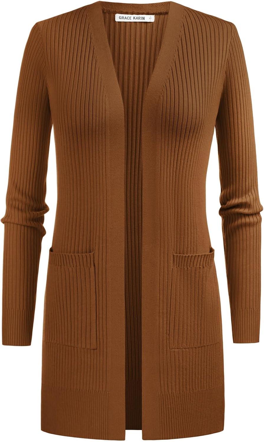 imageGRACE KARIN Long Sleeve Cardigan Sweaters for Women Lightweight Long Cardigans Open Front Dressy Casual JacketBronze