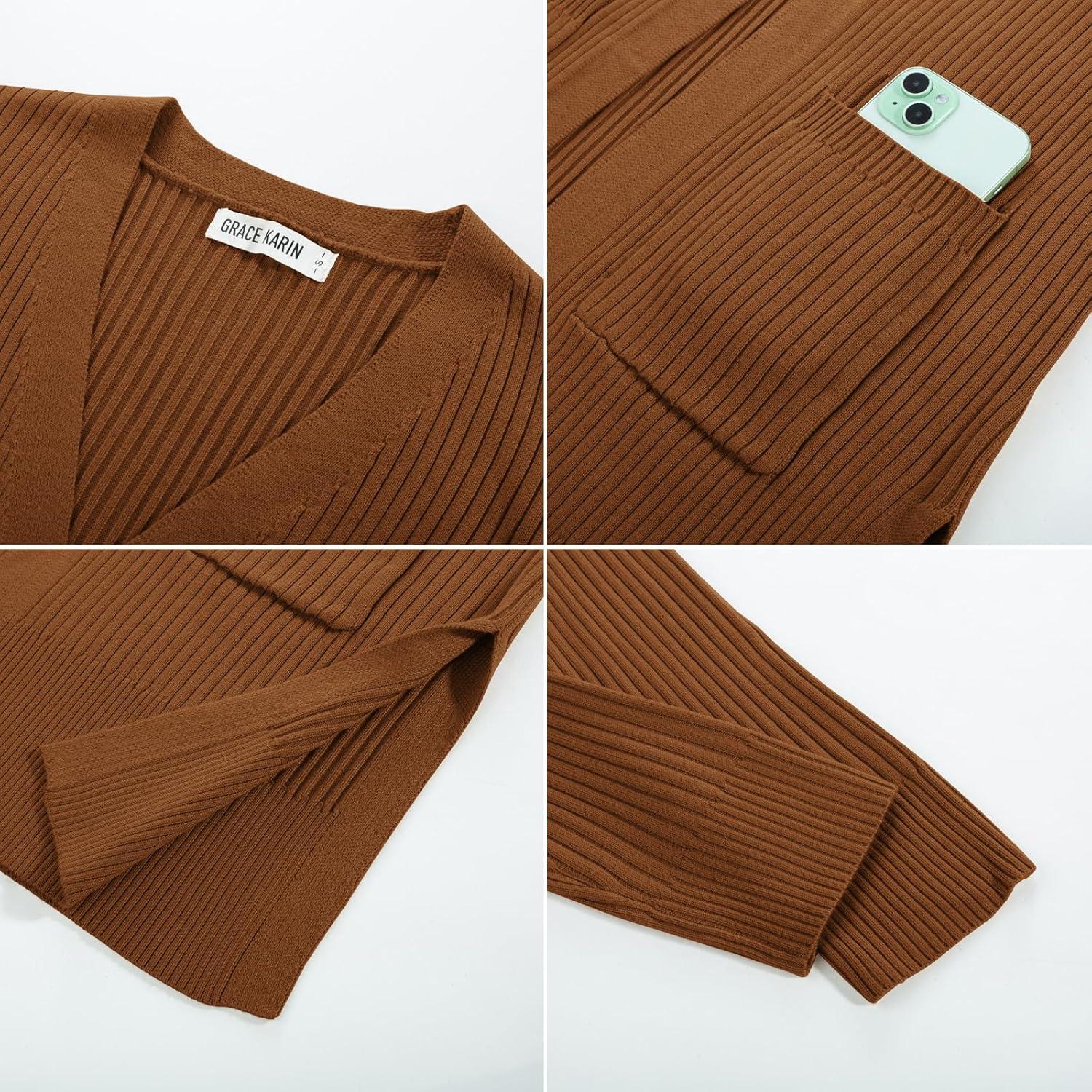 imageGRACE KARIN Long Sleeve Cardigan Sweaters for Women Lightweight Long Cardigans Open Front Dressy Casual JacketBronze