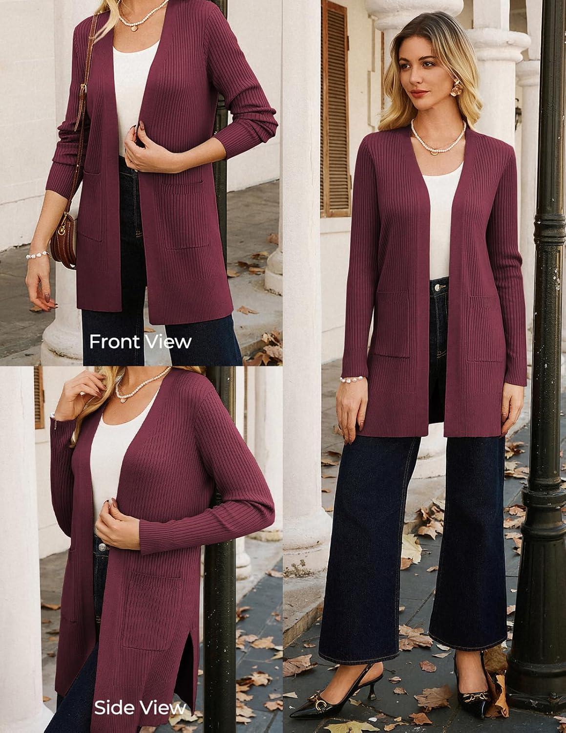 imageGRACE KARIN Long Sleeve Cardigan Sweaters for Women Lightweight Long Cardigans Open Front Dressy Casual JacketBurgundy