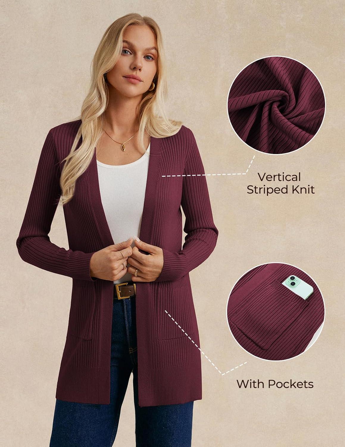 imageGRACE KARIN Long Sleeve Cardigan Sweaters for Women Lightweight Long Cardigans Open Front Dressy Casual JacketBurgundy