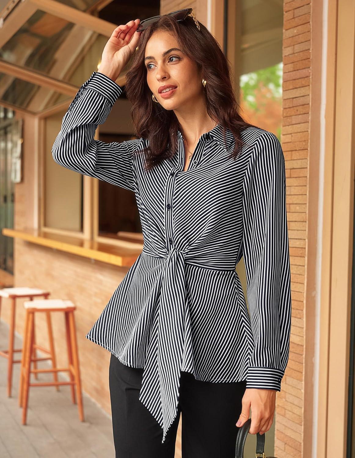 imageGRACE KARIN Peplum Tops for Women Tie Front Striped Button Down Shirt Collared Long Sleeve Business Casual Work Office BlouseBlack