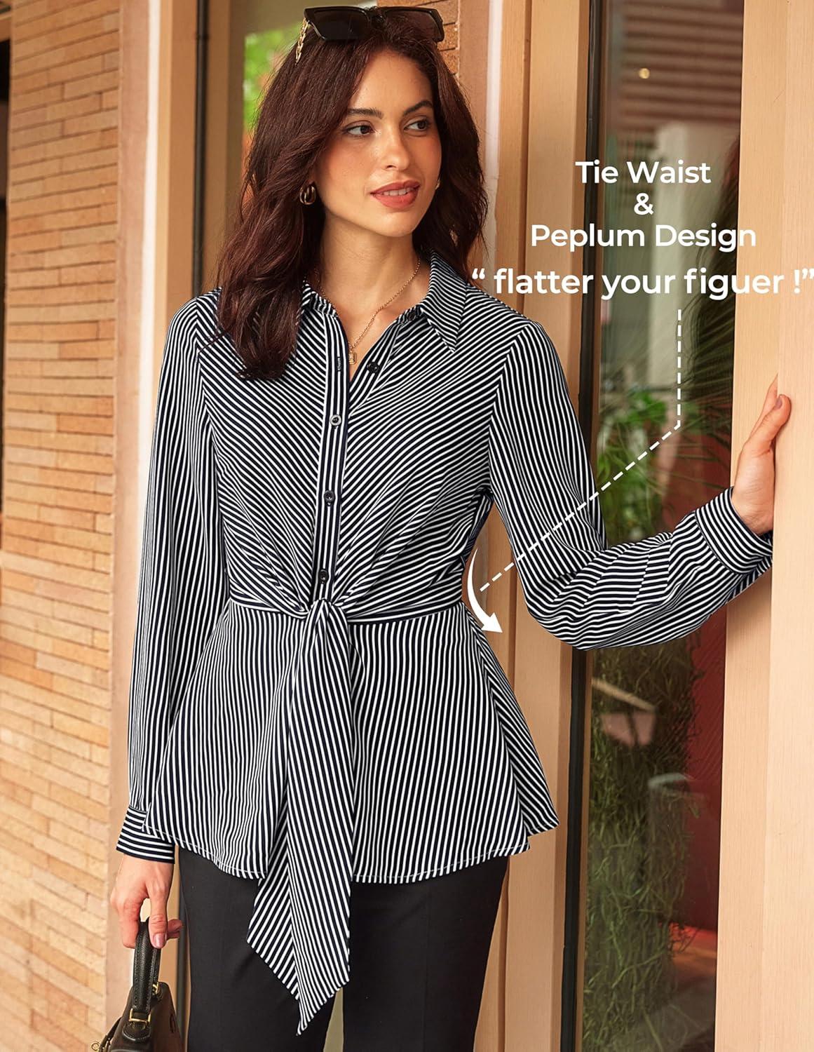 imageGRACE KARIN Peplum Tops for Women Tie Front Striped Button Down Shirt Collared Long Sleeve Business Casual Work Office BlouseBlack