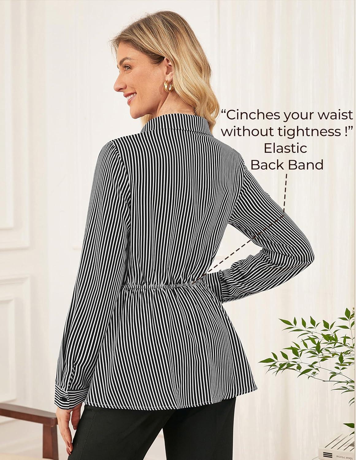 imageGRACE KARIN Peplum Tops for Women Tie Front Striped Button Down Shirt Collared Long Sleeve Business Casual Work Office BlouseBlack