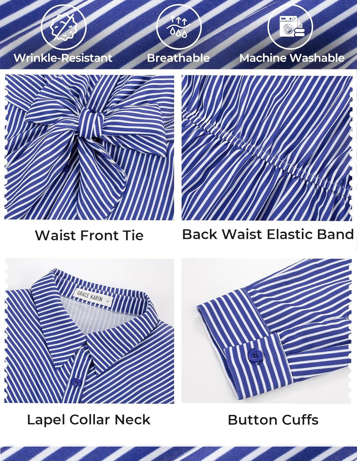 imageGRACE KARIN Peplum Tops for Women Tie Front Striped Button Down Shirt Collared Long Sleeve Business Casual Work Office BlouseBlack