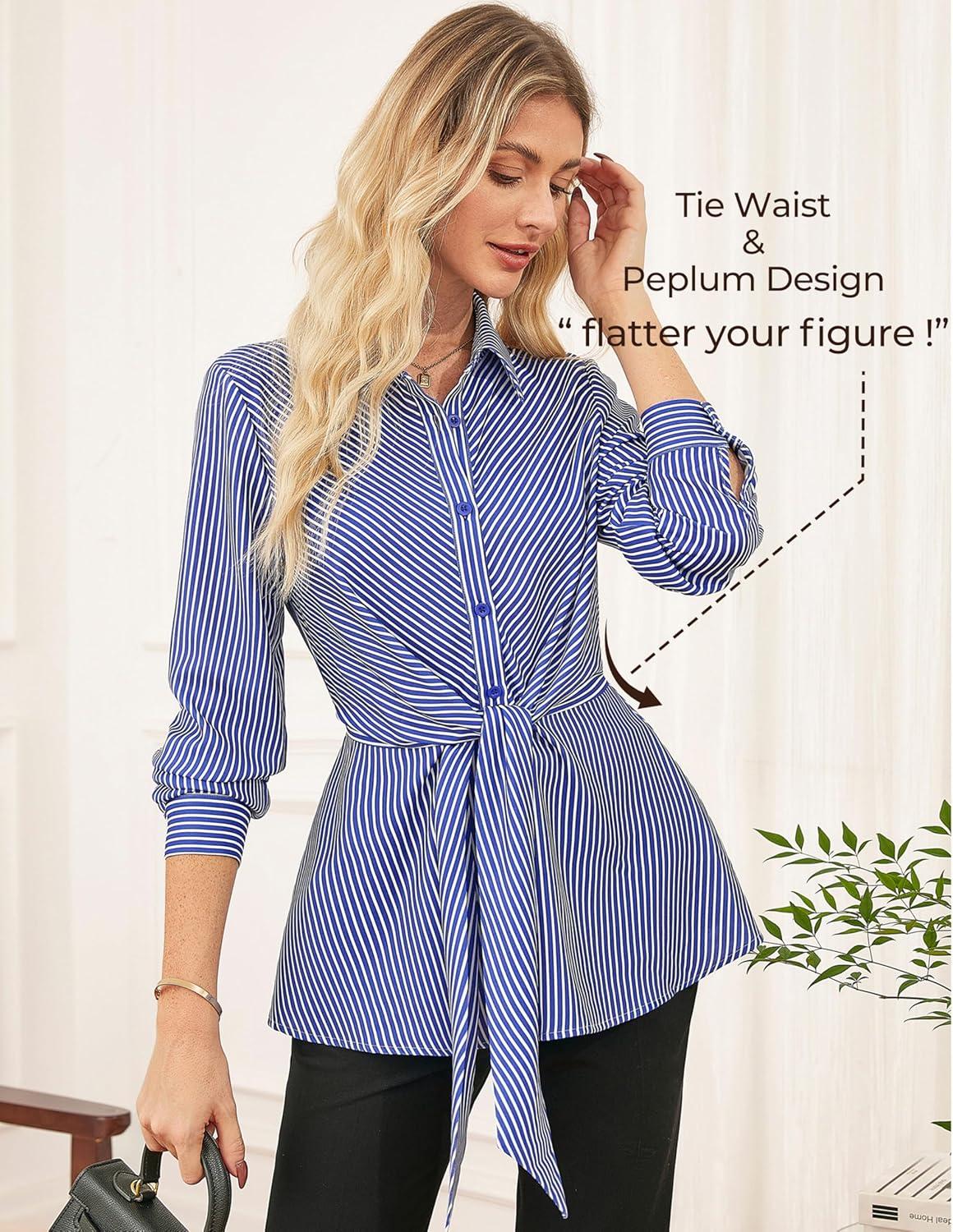 imageGRACE KARIN Peplum Tops for Women Tie Front Striped Button Down Shirt Collared Long Sleeve Business Casual Work Office BlouseBlue