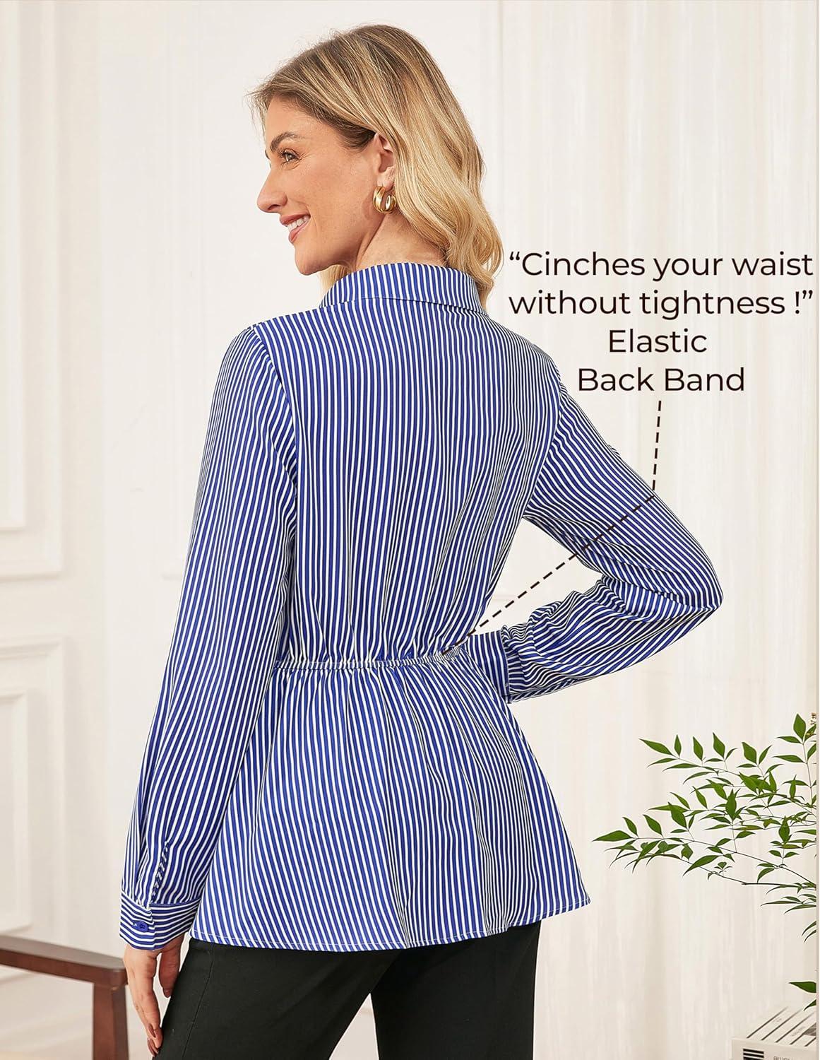imageGRACE KARIN Peplum Tops for Women Tie Front Striped Button Down Shirt Collared Long Sleeve Business Casual Work Office BlouseBlue