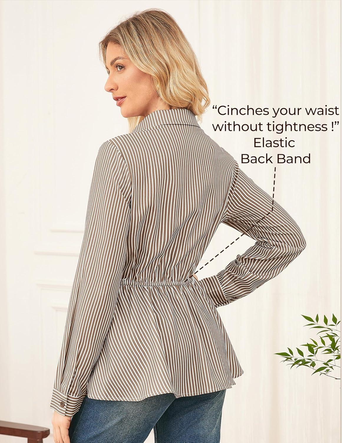 imageGRACE KARIN Peplum Tops for Women Tie Front Striped Button Down Shirt Collared Long Sleeve Business Casual Work Office BlouseBrown