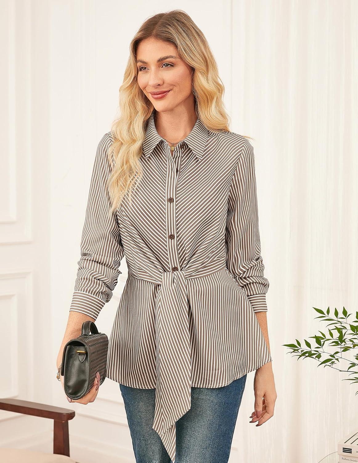 imageGRACE KARIN Peplum Tops for Women Tie Front Striped Button Down Shirt Collared Long Sleeve Business Casual Work Office BlouseBrown