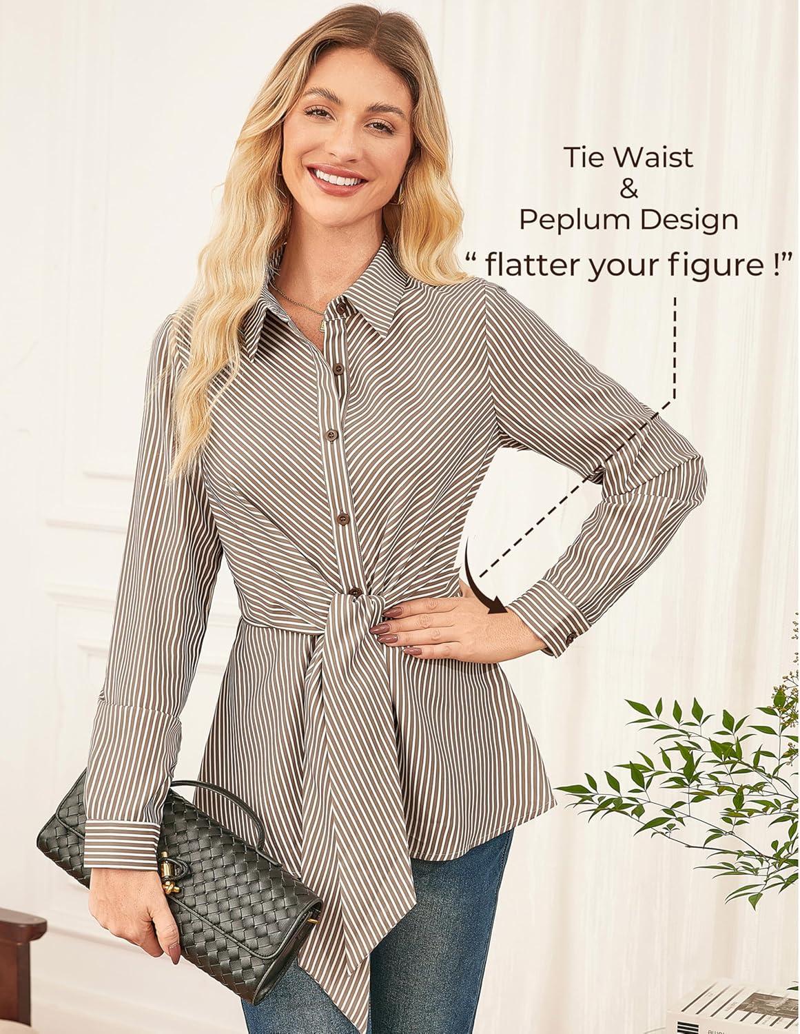 imageGRACE KARIN Peplum Tops for Women Tie Front Striped Button Down Shirt Collared Long Sleeve Business Casual Work Office BlouseBrown