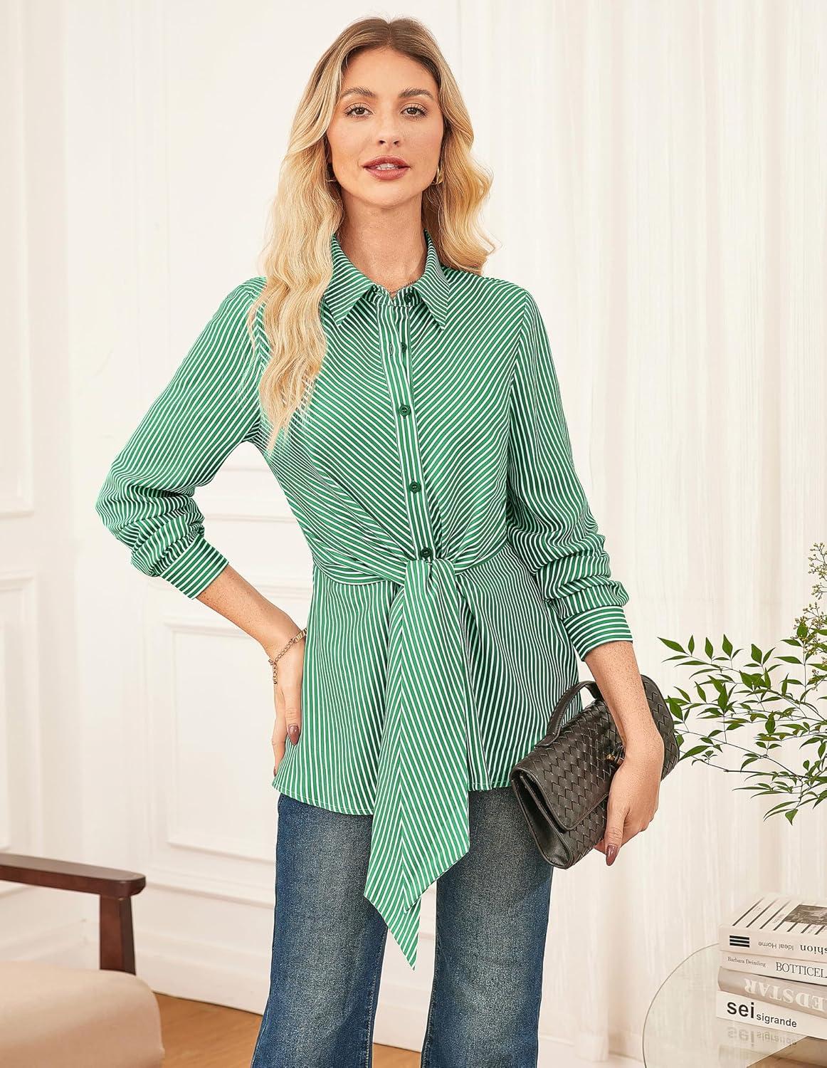 imageGRACE KARIN Peplum Tops for Women Tie Front Striped Button Down Shirt Collared Long Sleeve Business Casual Work Office BlouseGreen