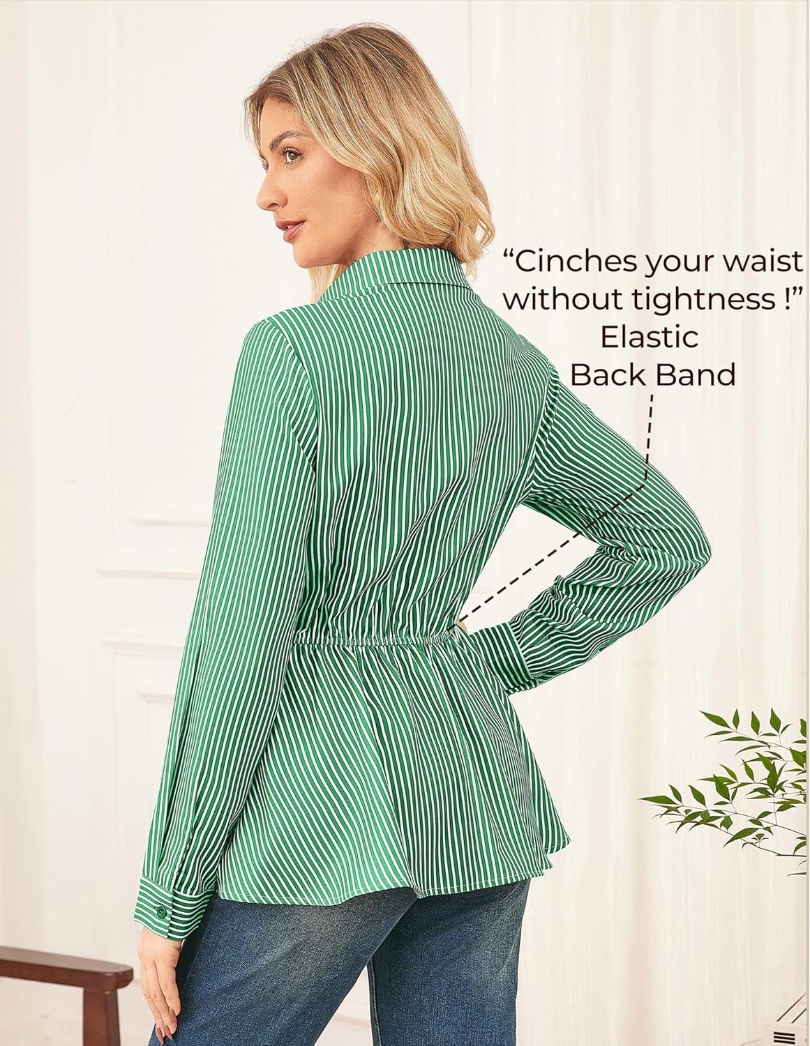 imageGRACE KARIN Peplum Tops for Women Tie Front Striped Button Down Shirt Collared Long Sleeve Business Casual Work Office BlouseGreen
