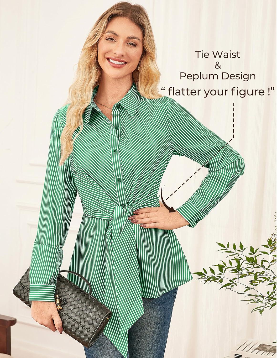 imageGRACE KARIN Peplum Tops for Women Tie Front Striped Button Down Shirt Collared Long Sleeve Business Casual Work Office BlouseGreen