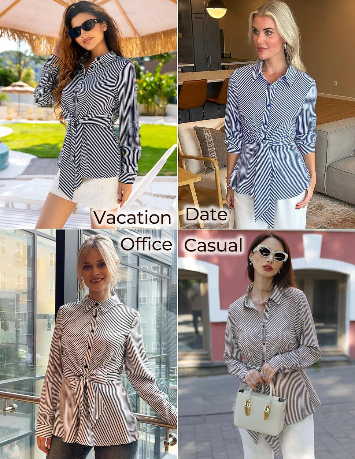 imageGRACE KARIN Peplum Tops for Women Tie Front Striped Button Down Shirt Collared Long Sleeve Business Casual Work Office BlouseOrange