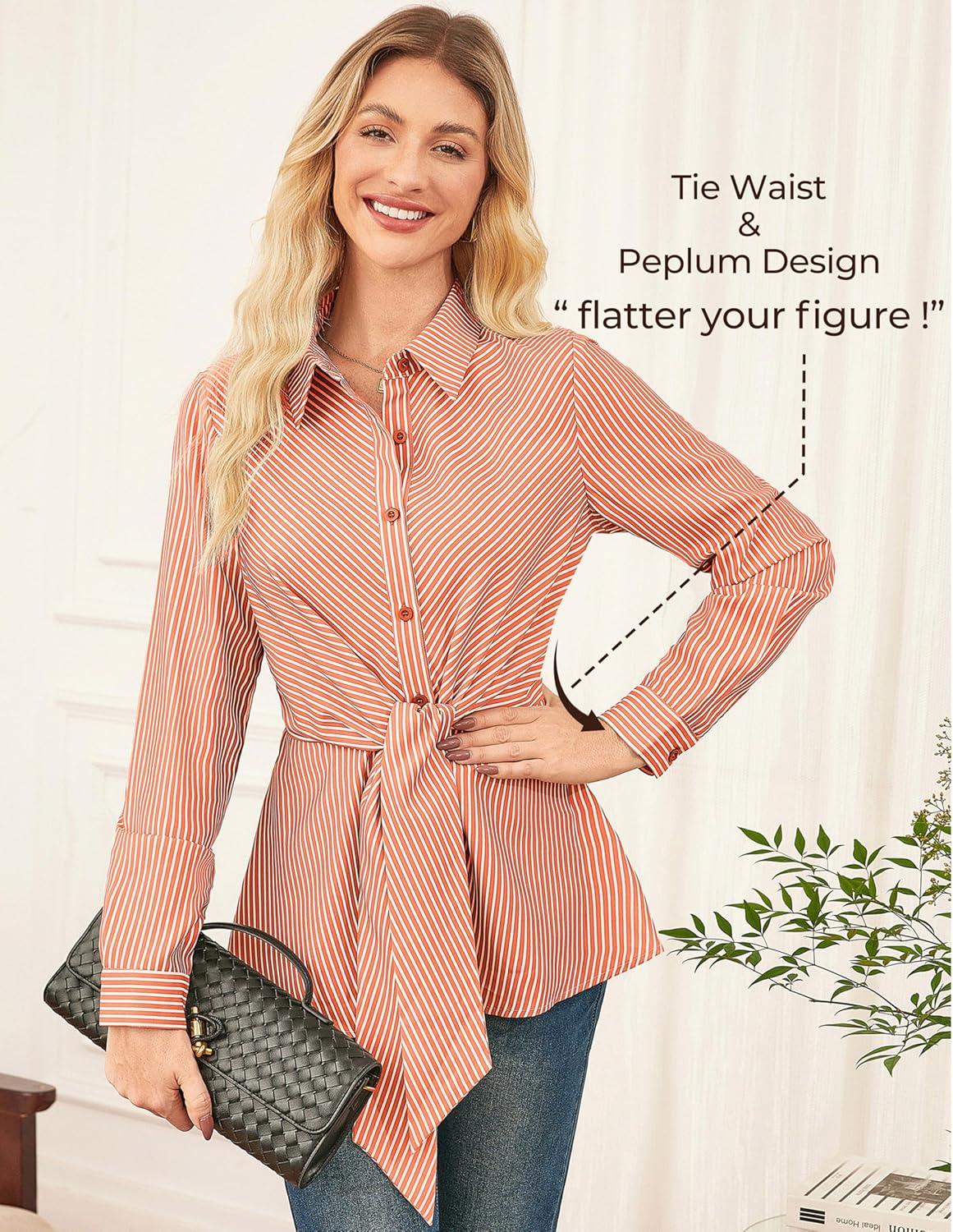 imageGRACE KARIN Peplum Tops for Women Tie Front Striped Button Down Shirt Collared Long Sleeve Business Casual Work Office BlouseOrange