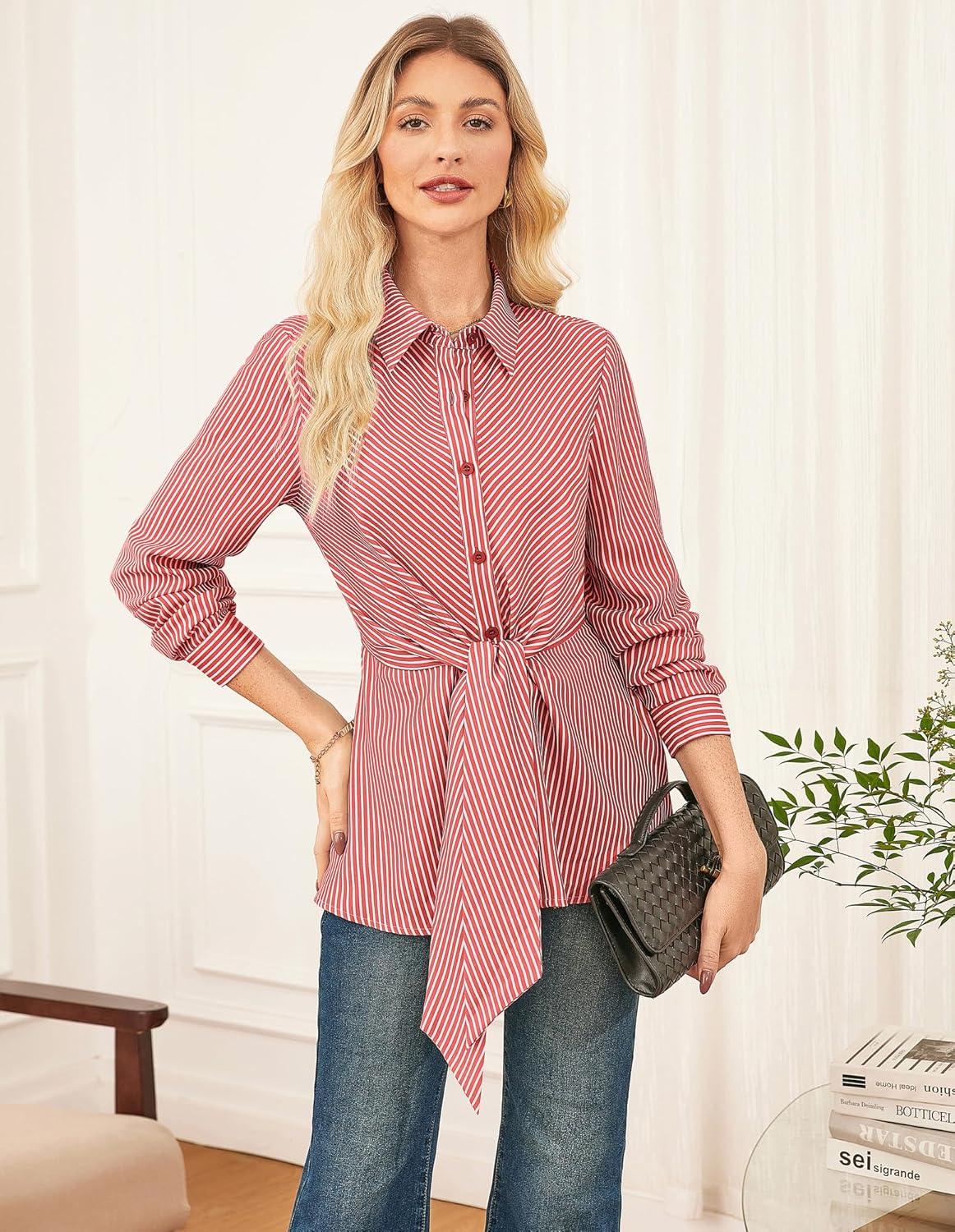 imageGRACE KARIN Peplum Tops for Women Tie Front Striped Button Down Shirt Collared Long Sleeve Business Casual Work Office BlouseRed