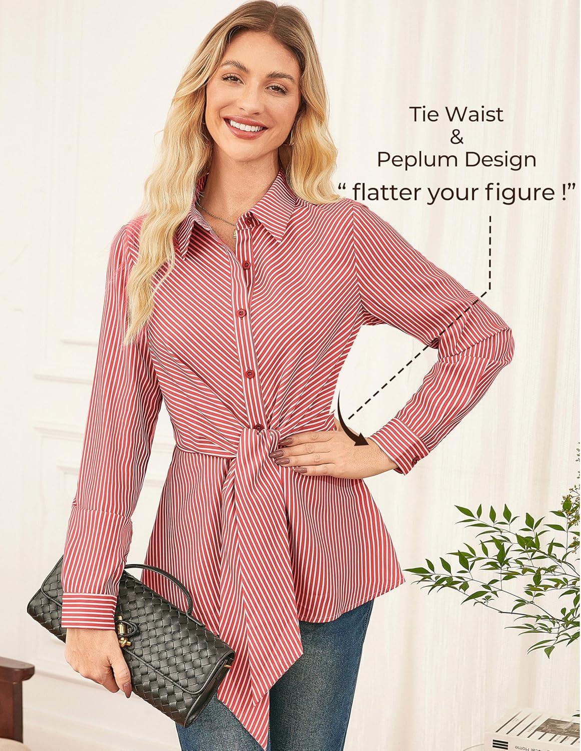 imageGRACE KARIN Peplum Tops for Women Tie Front Striped Button Down Shirt Collared Long Sleeve Business Casual Work Office BlouseRed