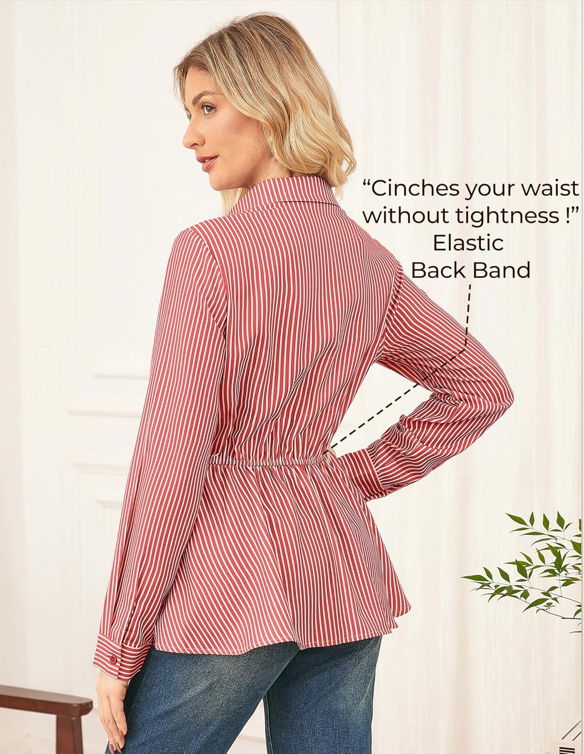 imageGRACE KARIN Peplum Tops for Women Tie Front Striped Button Down Shirt Collared Long Sleeve Business Casual Work Office BlouseRed