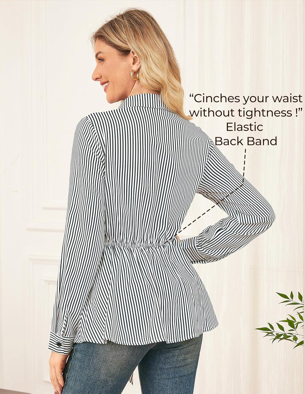imageGRACE KARIN Peplum Tops for Women Tie Front Striped Button Down Shirt Collared Long Sleeve Business Casual Work Office BlouseWhite