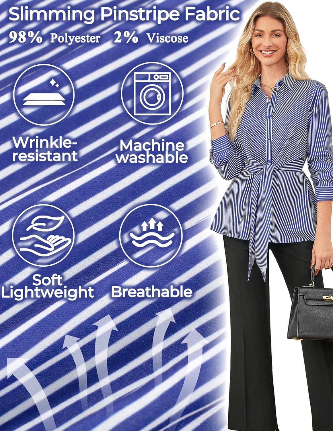 imageGRACE KARIN Peplum Tops for Women Tie Front Striped Button Down Shirt Collared Long Sleeve Business Casual Work Office BlouseWhite