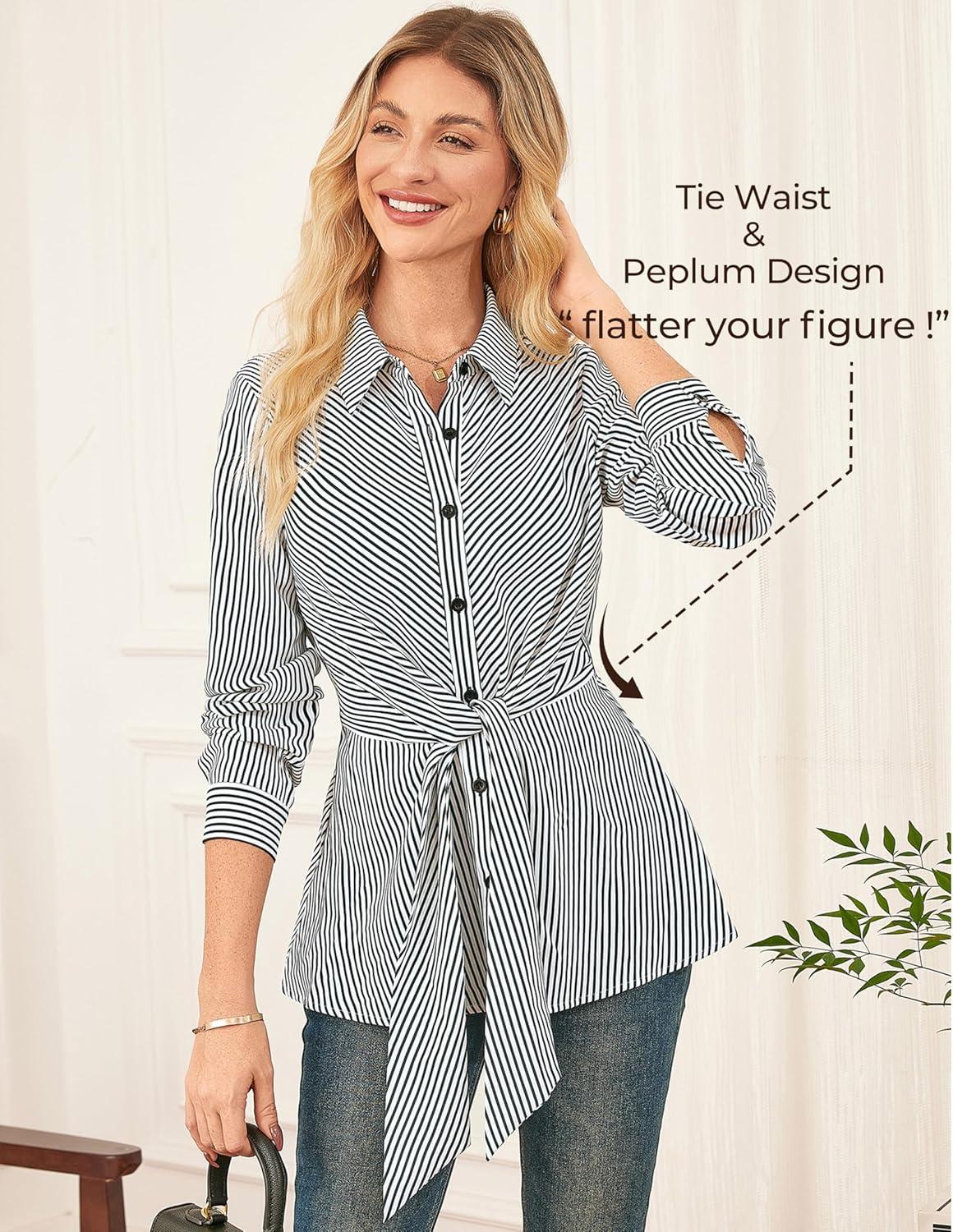 imageGRACE KARIN Peplum Tops for Women Tie Front Striped Button Down Shirt Collared Long Sleeve Business Casual Work Office BlouseWhite