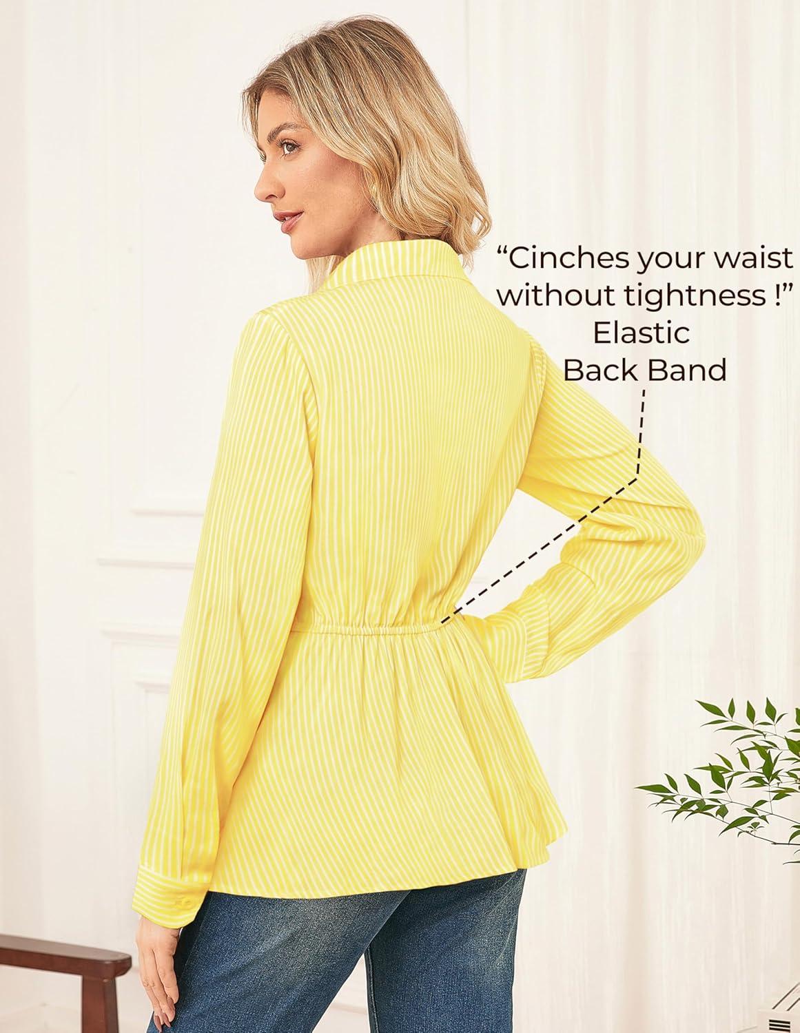 imageGRACE KARIN Peplum Tops for Women Tie Front Striped Button Down Shirt Collared Long Sleeve Business Casual Work Office BlouseYellow
