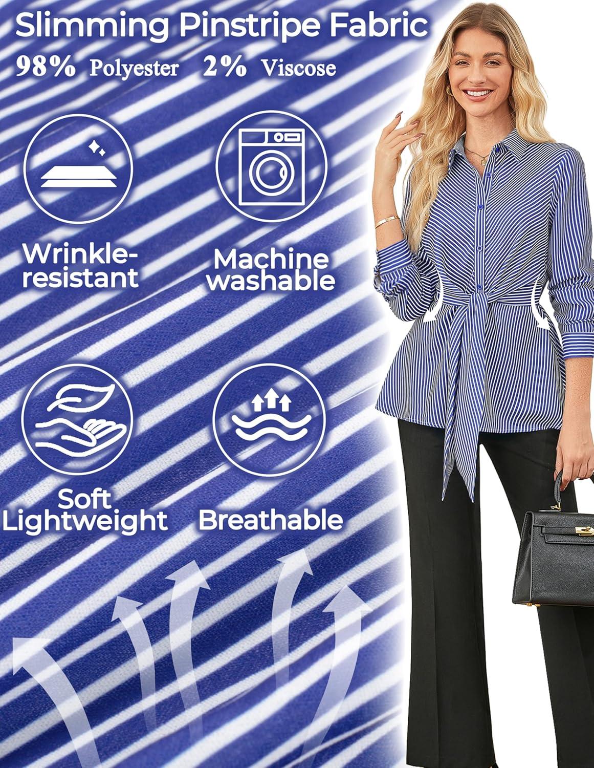 imageGRACE KARIN Peplum Tops for Women Tie Front Striped Button Down Shirt Collared Long Sleeve Business Casual Work Office BlouseYellow