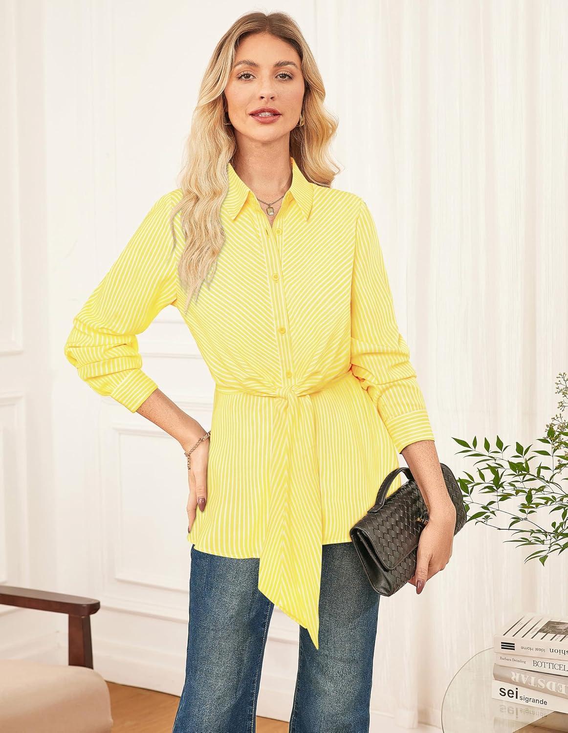 imageGRACE KARIN Peplum Tops for Women Tie Front Striped Button Down Shirt Collared Long Sleeve Business Casual Work Office BlouseYellow