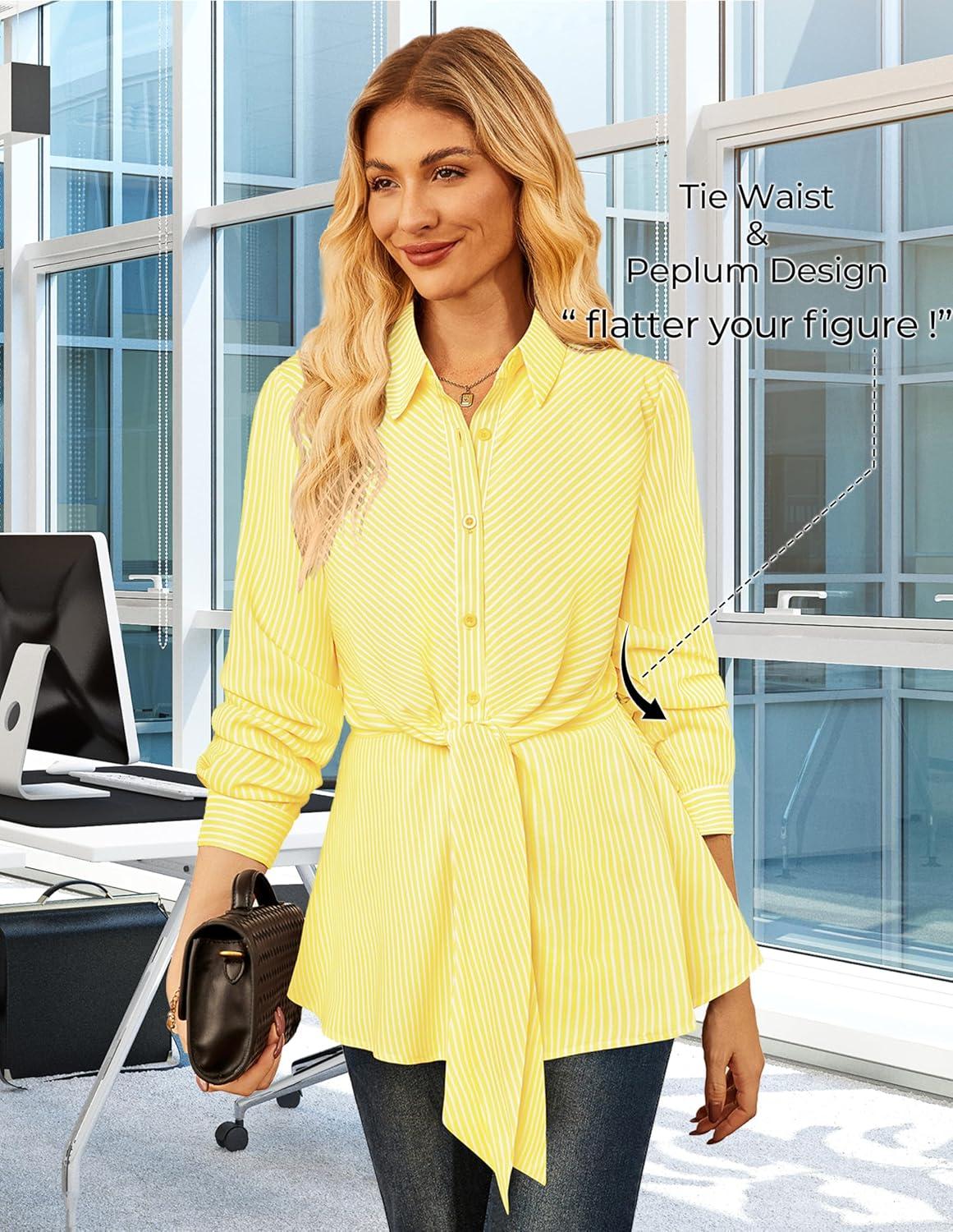 imageGRACE KARIN Peplum Tops for Women Tie Front Striped Button Down Shirt Collared Long Sleeve Business Casual Work Office BlouseYellow