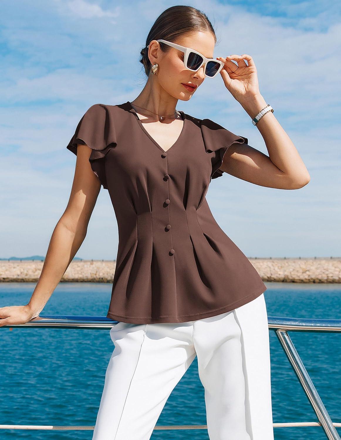 imageGRACE KARIN Summer Blouses for Women Dressy Casual 2026 Ruffle Sleeve Peplum Tops V Neck Business Work ShirtsCoffee