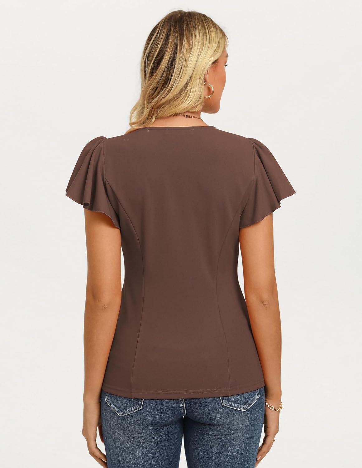 imageGRACE KARIN Summer Blouses for Women Dressy Casual 2026 Ruffle Sleeve Peplum Tops V Neck Business Work ShirtsCoffee