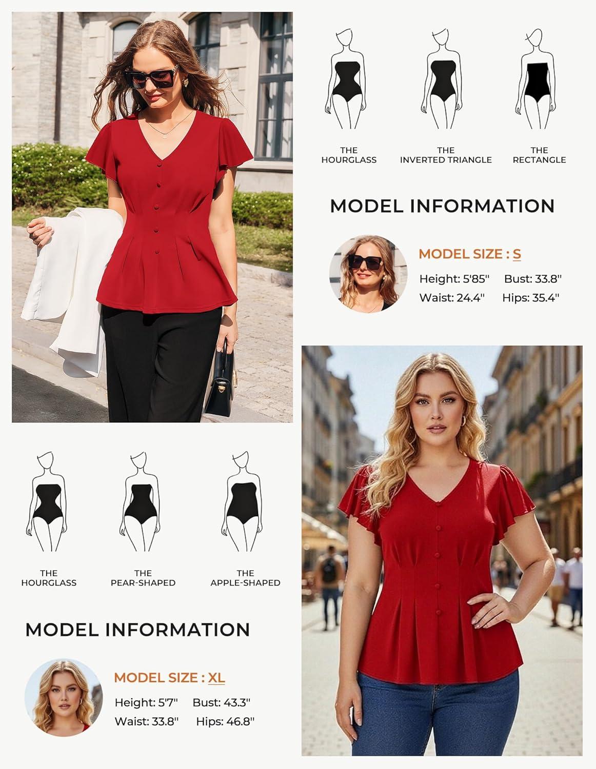 imageGRACE KARIN Summer Blouses for Women Dressy Casual 2026 Ruffle Sleeve Peplum Tops V Neck Business Work ShirtsRed