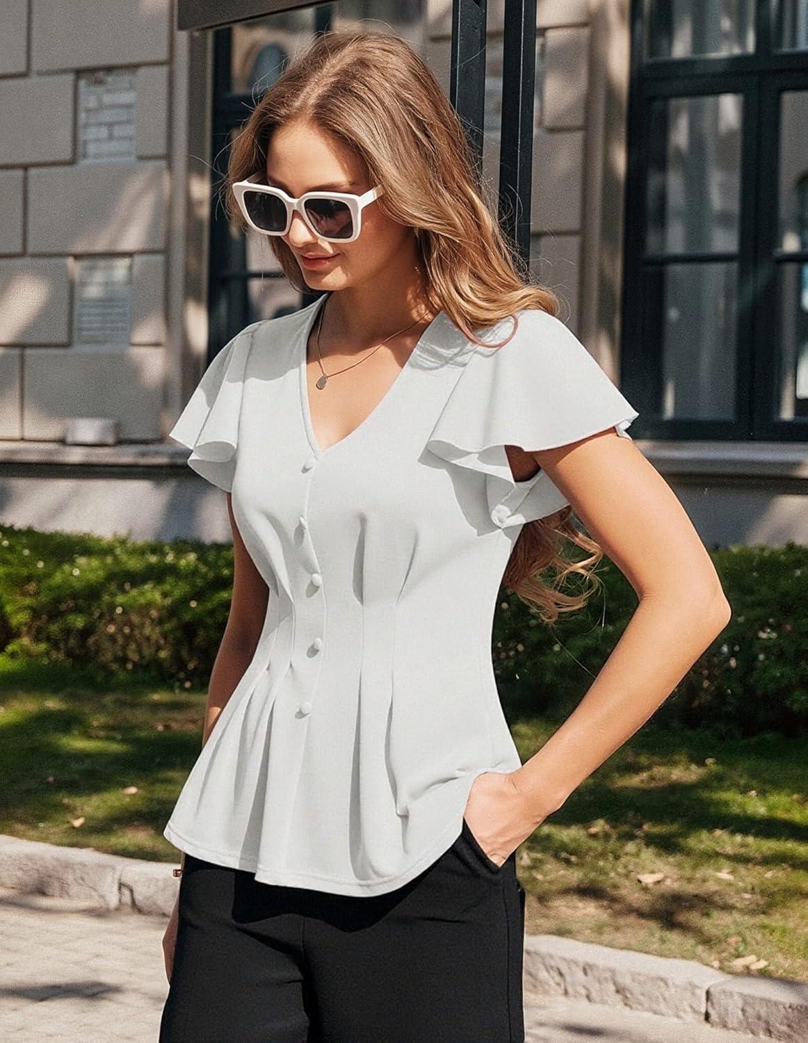 imageGRACE KARIN Summer Blouses for Women Dressy Casual 2026 Ruffle Sleeve Peplum Tops V Neck Business Work ShirtsWhite