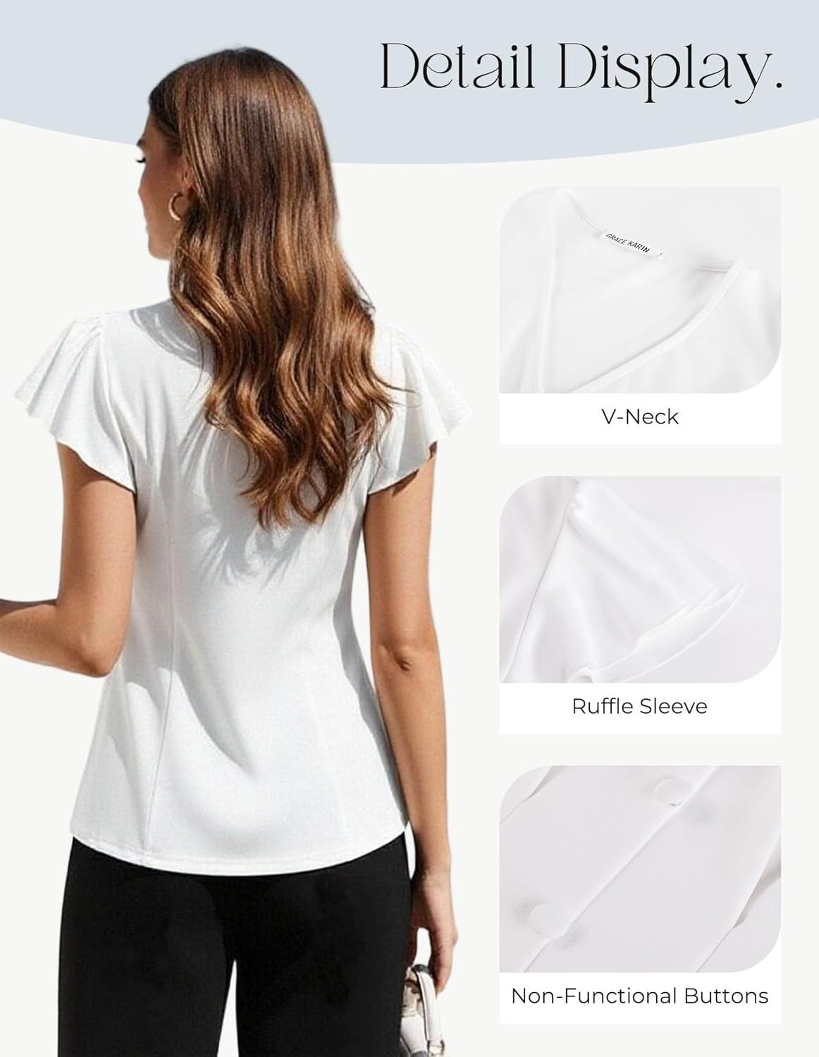 imageGRACE KARIN Summer Blouses for Women Dressy Casual 2026 Ruffle Sleeve Peplum Tops V Neck Business Work ShirtsWhite
