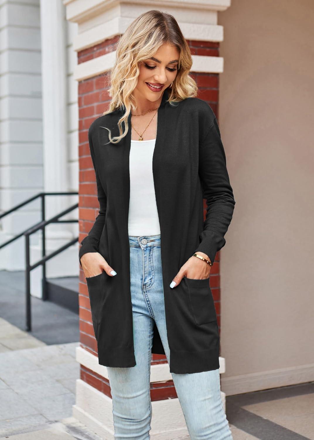 imageGRACE KARIN Women Lightweight Cardigan Sweaters with Pocket Long Sleeve ShrugsBlack