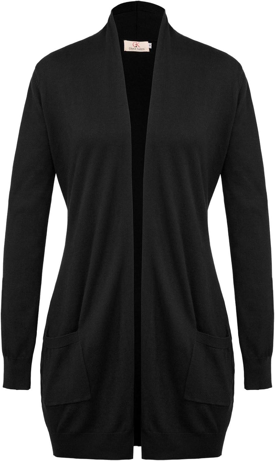 imageGRACE KARIN Women Lightweight Cardigan Sweaters with Pocket Long Sleeve ShrugsBlack