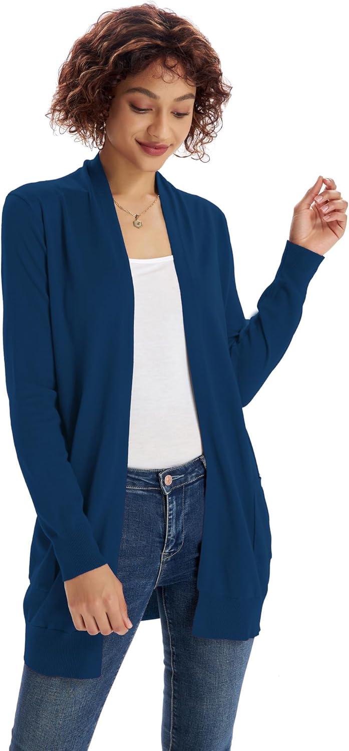 imageGRACE KARIN Women Lightweight Cardigan Sweaters with Pocket Long Sleeve ShrugsClassic Blue