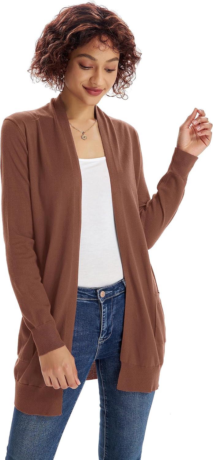 imageGRACE KARIN Women Lightweight Cardigan Sweaters with Pocket Long Sleeve ShrugsCoffee