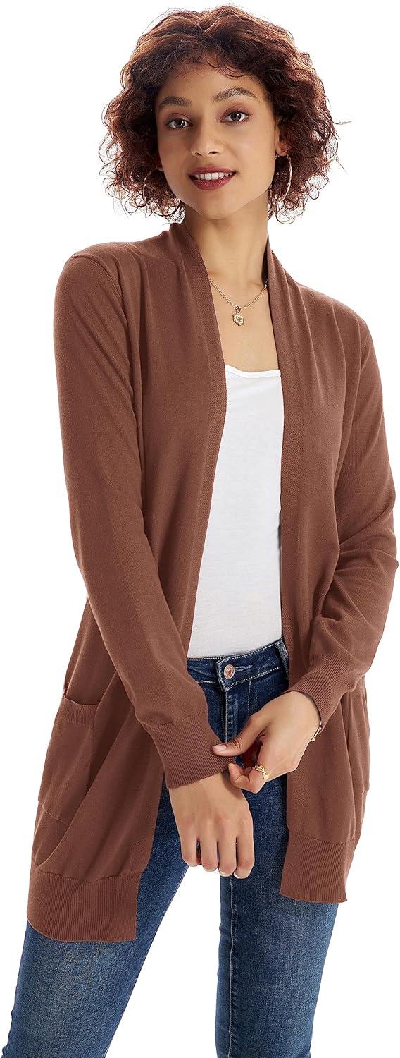 imageGRACE KARIN Women Lightweight Cardigan Sweaters with Pocket Long Sleeve ShrugsCoffee